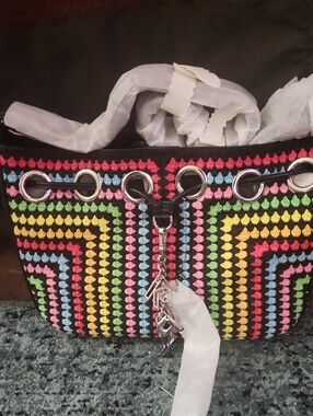 Karl Lagerfeld Black Multicolor Crochet Tote with Charm With Dust Bag